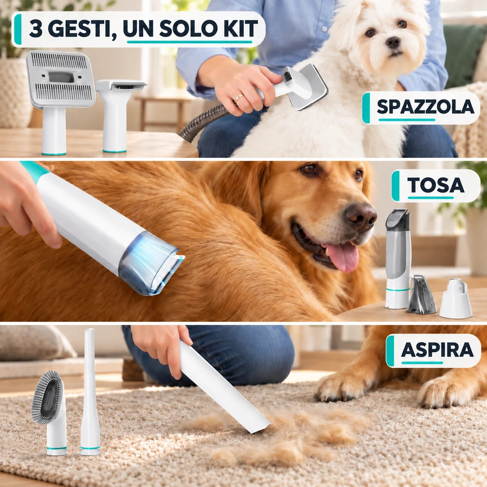 PeloVia™ – Aspiratore Toelettatura per Cani e Gatti | Kit 7 in 1
